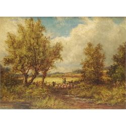 Peter Leslie (British 1877-?): Herding Sheep, oil on canvas signed 30cm x 40cm