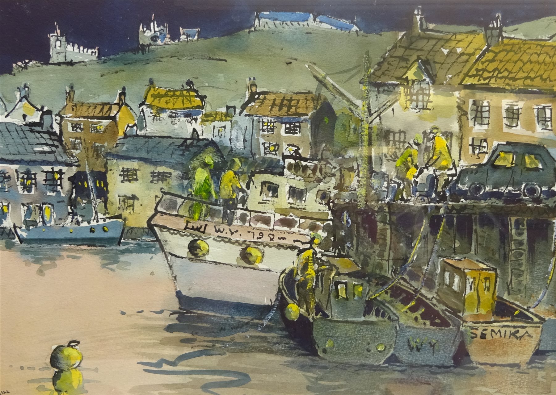 Eric Hill (British 1922-): 'Boats at Whitby', watercolour signed, titled verso with artist's address 28cm x 38cm