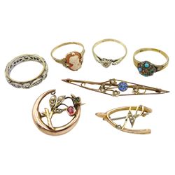 Early 20th century and later 9ct gold stone set jewellery including tourmaline and pearl leaf brooch, four stone set rings, wishbone brooch and one other, stamped or tested
