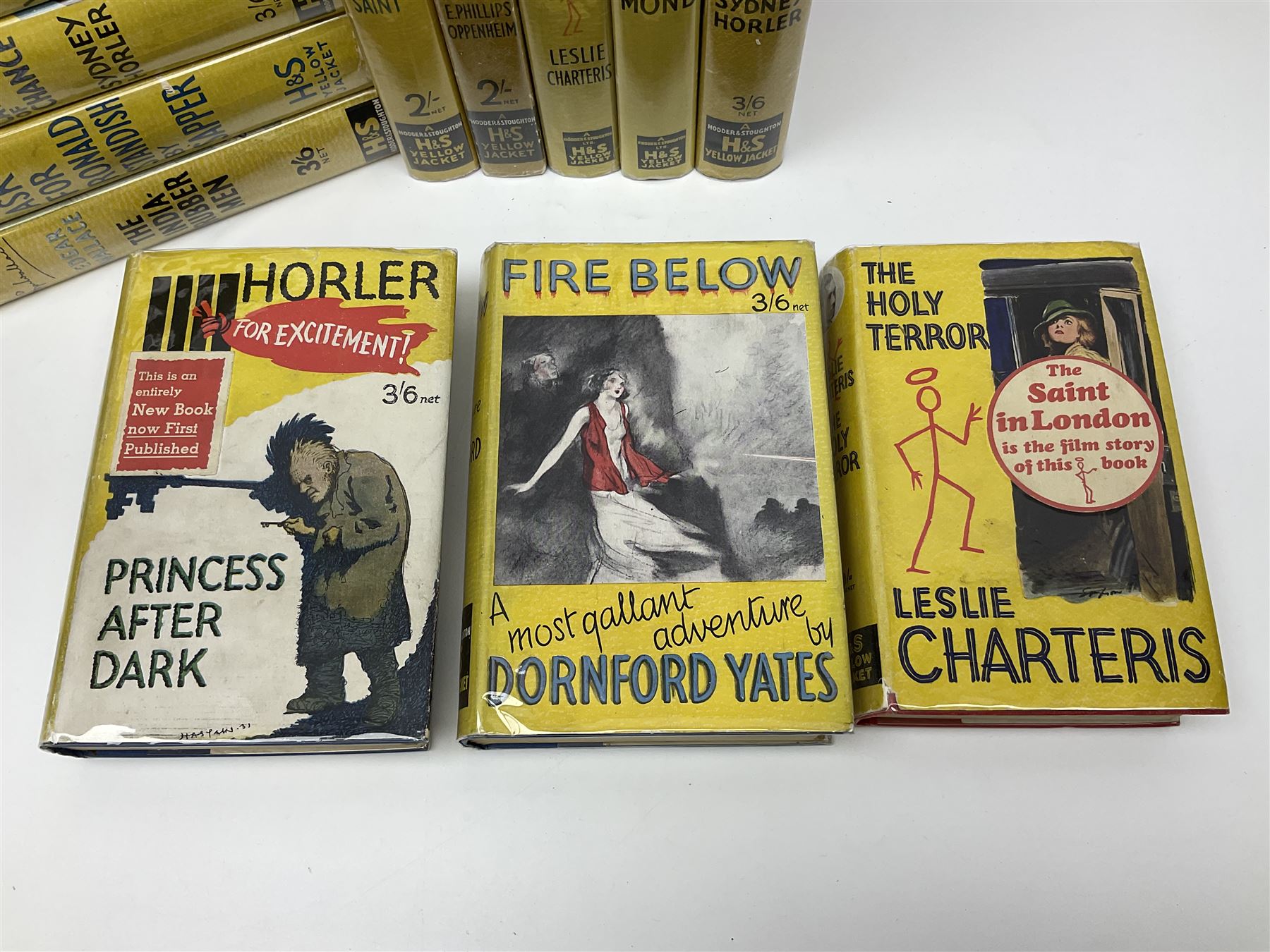 Collection of Hodder and Stoughton yellow jacket version books, to include Sydney Horler, George Goodchild, Dornford Yates, Leslie Charteris etc 
