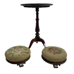 Early 19th century mahogany tilt-top tripod table (D51cm, H76cm); and pair of Victorian foot-stools (D36cm)