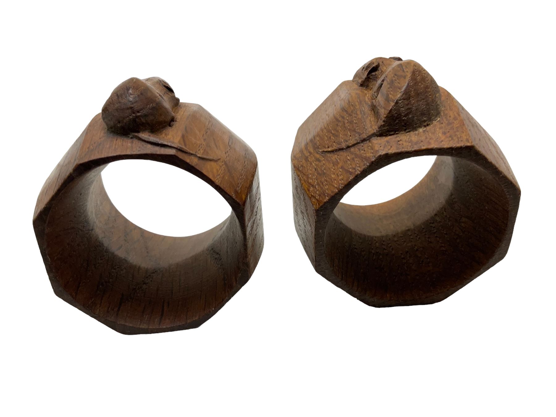 Mouseman pair of oak napkin rings, of bulbous octagonal form each