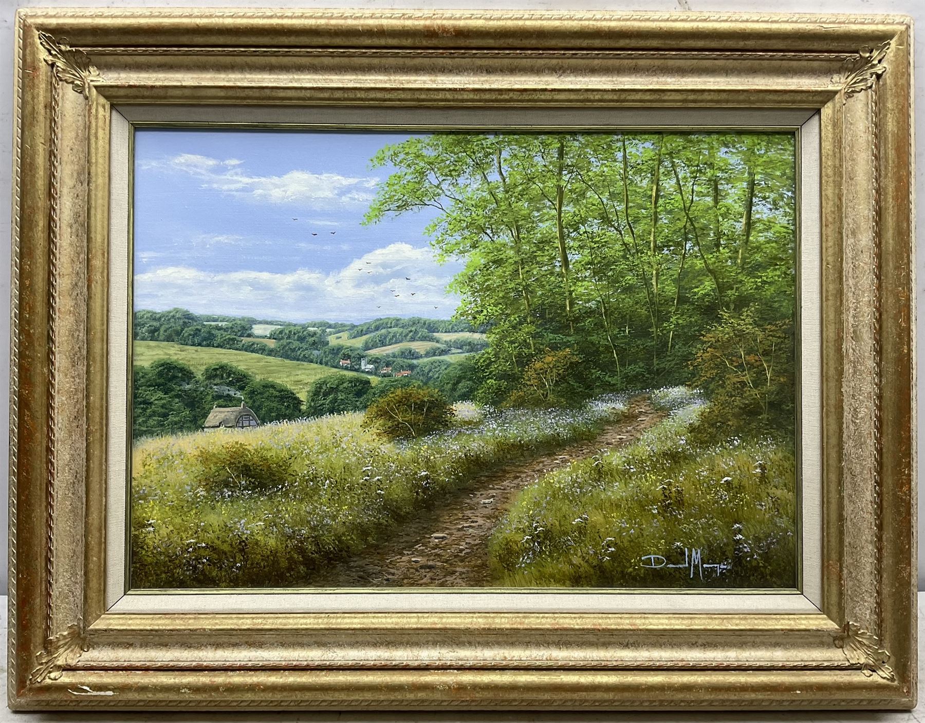 David Morgan (British 1964-): 'Bluebell Path', oil on canvas signed, titled and dated 1999 verso 34cm x 50cm
Provenance: with E Stacy-Marks, Polegate, East Sussex, Stock No.MO888, label verso