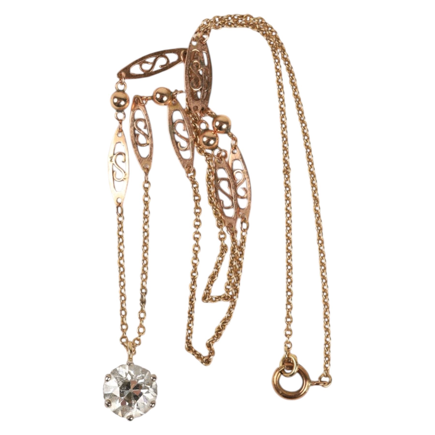 9ct gold fancy link chain, stamped 9K, with a  paste stone pendant