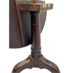 George III mahogany tripod table, circular tilt-top on barrel-turned column, three out-splayed supports