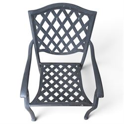 Grey-painted cast metal garden dining suite, comprising circular latticework table on splayed supports (W152cm H72cm), and six matching open armchairs with lattice backs and seats (W61cm H93cm)