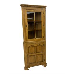 Traditional light oak corner cabinet, projecting cornice, dentil frieze, single glazed door above single fielded door