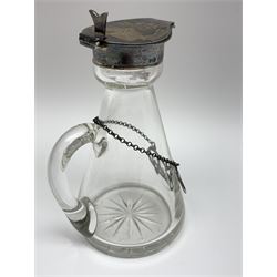 Edwardian silver mounted whisky noggin, of tapering cylindrical form with hinged flat cover, H11cm, together with a silver whisky label, each hallmarked Levi & Salaman, Birmingham 1909