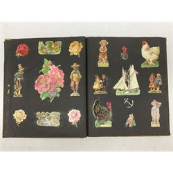 Victorian scrapbook containing twenty-six double sided pages and two fixed end pages of various fixed decoupage to include clippings of maritime interest, greeting cards, portraiture, flowers, animals etc, 