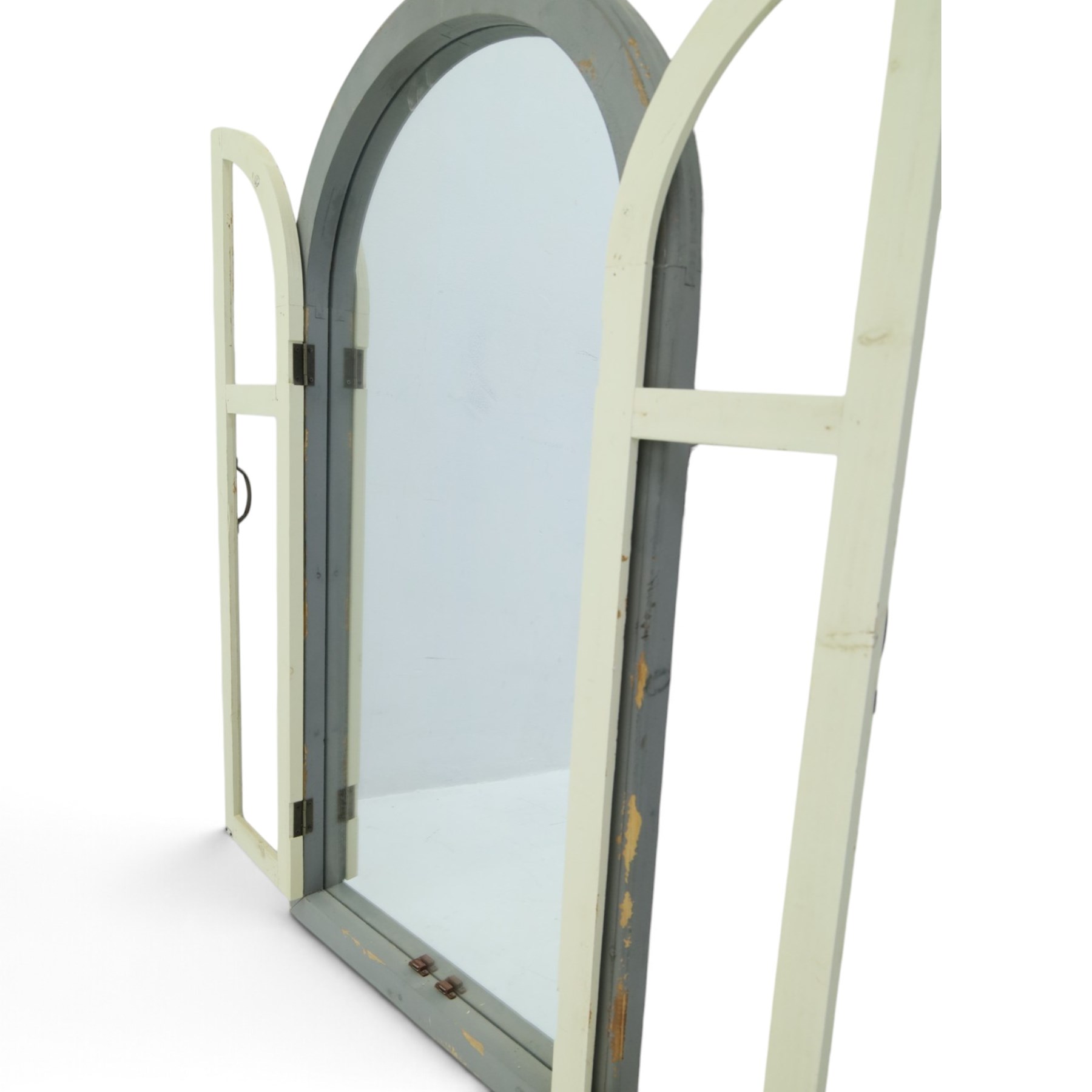 Traditional shutter garden mirror, curved grey frame enclosing a plain mirror plate, with open panel doors