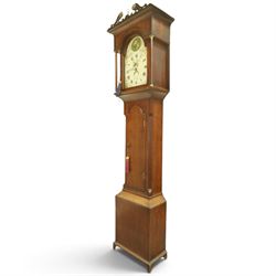 Thomas Small of Guisborough - George III oak eight-day longcase clock, the painted arched dial with calendar aperture, bird and floral decoration, the case with pierced fretwork broken swan-neck pediment and pilasters, reeded canted sides flanking arched trunk door