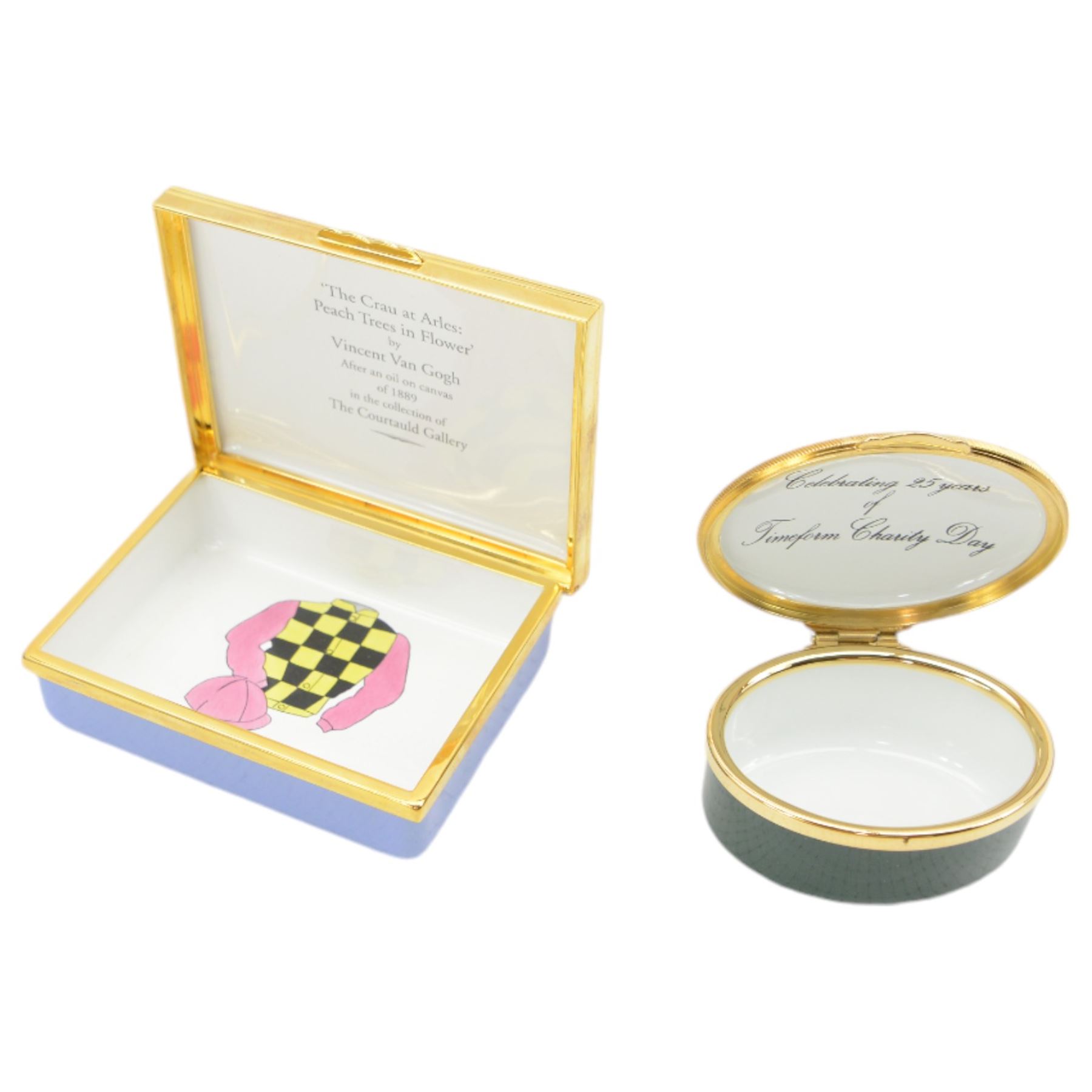 Halcyon Days rectangular box decorated with 'Peach Trees in Colour' after Van Gogh, the interior decorated with Guy Reed's racing colours 8.5cm x 6.5cm and an oval enamel box by Toye, Kenning & Spencer with a racing finish on York racecourse, interior inscribed 'Celebrating 25 years Timeform Charity Day' (2)