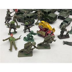 Various makers - unboxed and playworn die-cast models including Dinky Thornycroft Mighty Antar Tank Transporter No.660 and Centurion Tank No.651, other military and farm vehicles; and quantity of loose plastic soldiers and other figures by Crescent, Britains etc