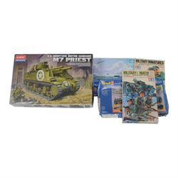 Sixteen military model kits of varying scales, comprising Hasegawa Karl with Munitionspanzer IV, two RPM Tankietki kits, Academy US Howitzer Motor Carriage M7 Priest, Roden Grumman OV-1A Mohawk, Hasegawa P-26A Peashooter, Dragon Modern Soviet Aircraft Weapons sets 1-3, Trumpeter Chinese Type 33G Submarine, Trumpeter USSR Navy Sovremenny Class Project 956 Destroyer, Revell WWII Ground Support Equipment, Tamiya German Machine Gun Troops, Tamiya Panzer Grenadiers, Fujimi US Navy Flight Deck Crew and Revell S-100 Class Deutsches Schnellboot German Fast Attack Craft, all boxed