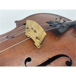German violin c1890 with 36cm two-piece maple back and ribs and spruce top; bears label 'Antonius Stradivarius Cremona Faciebat Anno 1729' L59.5cm overall; in ebonised wooden 'coffin' case