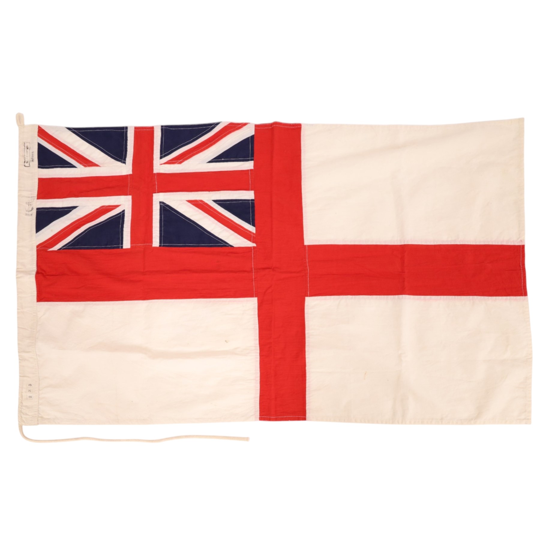 WWII Royal Navy ensign flag, with Union Jack in the upper canton, stamped Admiralty 1940, (SUD) P.F. Humphries London 2x3, H61cm L100cm 