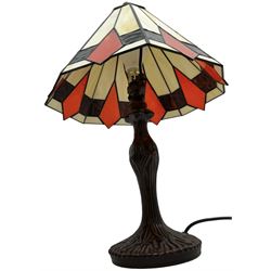 Tiffany style lamp with geometric pattern and matching small example, largest H47cm