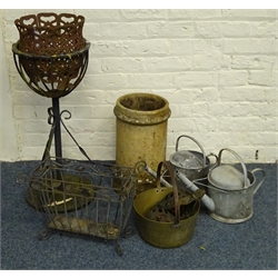  Collection of ten pots and planters, a chimney pot, two metal watering cans, metal garden items and a copper pot (19)  
