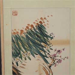 Large 20th century eight panel folding screen decorated with Chinese watercolours of blossoming trees, the watercolours backed onto foliate patterned silk panels, each inscribed and signed with artists seal, with navy fabric to the opposing side, each panel measuring 47cm x 163cm