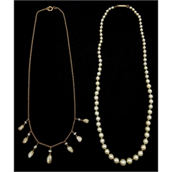 Single stand graduating pearl necklace, with gold barrel clasp  and a 9ct gold pearl fringe necklace