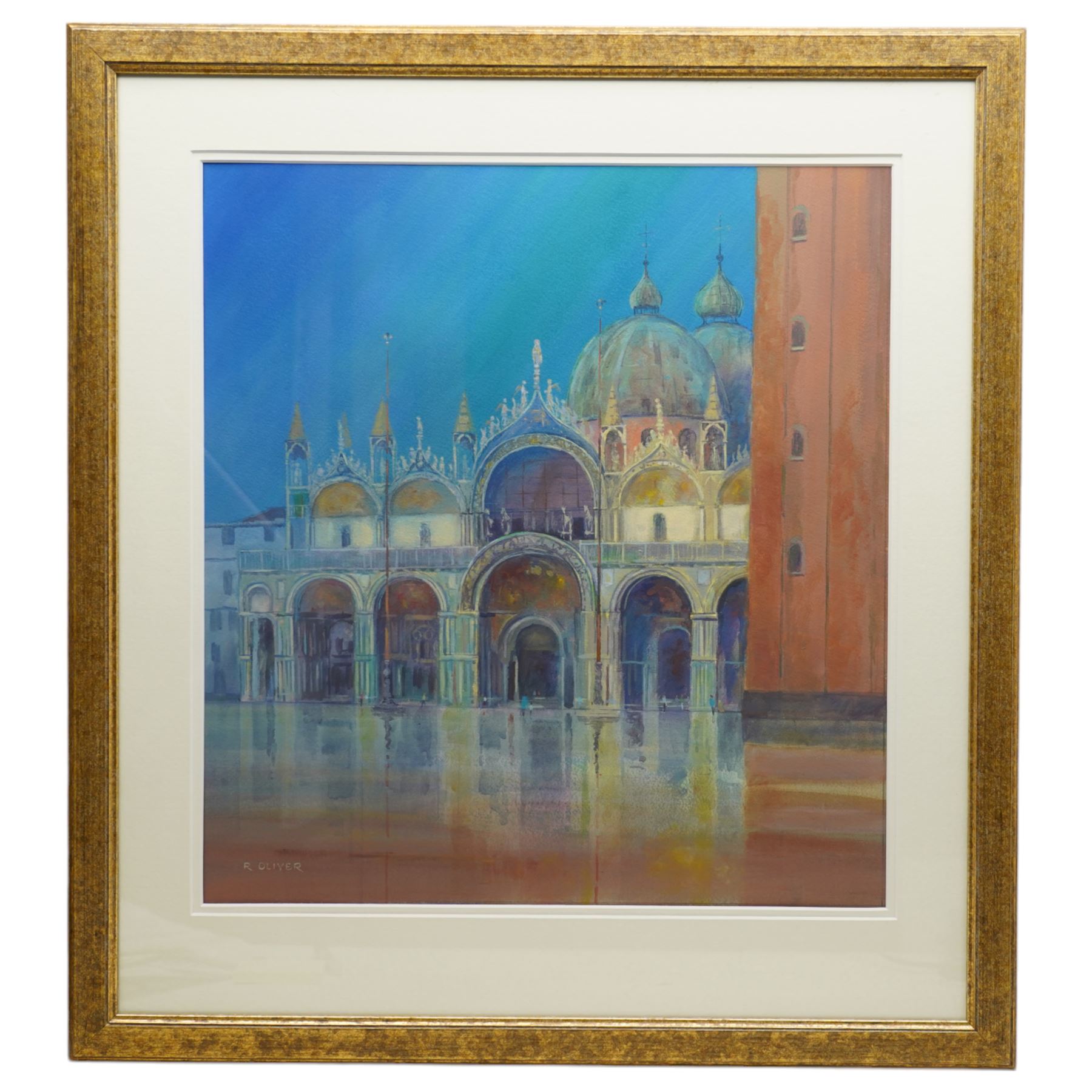 Raymond Oliver (British 1933-): 'After the Rain - Basilica San Marco - Venice', acrylic on watercolour paper signed, titled on artist's label verso 51m x 47cm