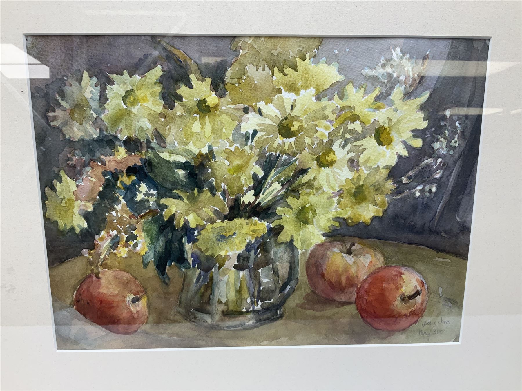 Jean Jones (Irish 20th century): 'Apples and Flowers', watercolour signed and dated 2001 together with brass rubbing of Jane Coningsbie (d.1608) from the Church of Saint Margaret at Felbrigg Norfolk max 104cm x 39cm (2)