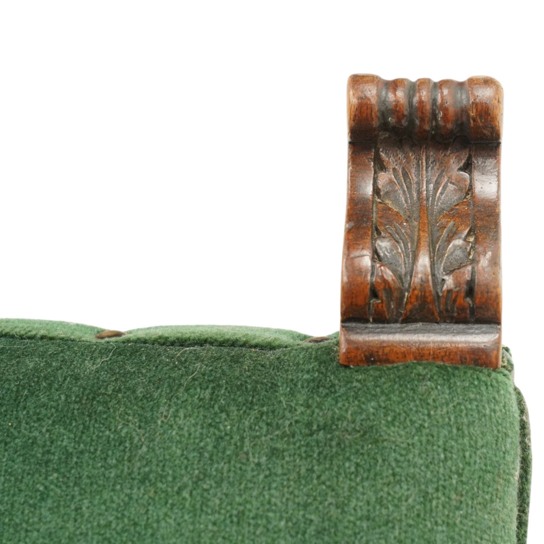 17th century style mahogany set of six dining chairs, with carved scrolled finials, padded green velvet upholstery, block and turned supports united by stretcher  