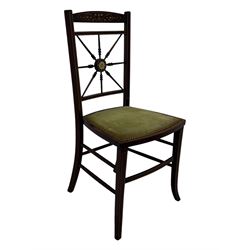 Late 19th century black-painted cane seat chair; early 20th century radial spindle-back chair with green upholstery; early 20th century mahogany single-drawer side table; mid-20th century carved wooden stool with harp motif; early 20th century hexagonal bamboo stand; two oval mirrors (7)