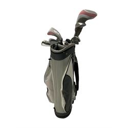 Delta golf clubs in bag and a travel fridge