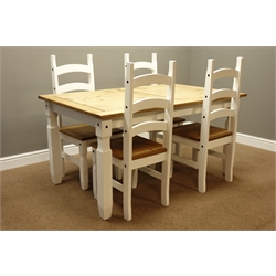  White painted and pine rectangular dining table (152cm x 92cm, H76cm), and four chairs  