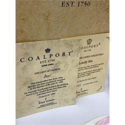 A group of four Coalport figurines, comprising limited edition The Flower Ladies Collection Lovely Iris, 90/250, with accompanying certificate, Ladies of Fashion Sue, with accompanying certificate, Ladies of Fashion Joan, and Ladies of Fashion Young Love, with one box.
