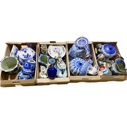 Blue and white ceramics, including cake stands, cheese dome, pumpkin jar, etc, together with Noritake tea set, glassware and other ceramics in four boxes 