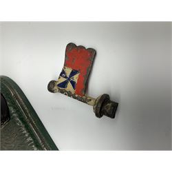 Very rare 19th century John Harper & Co. mechanical cast-iron money box, registered number 33821 patented 1885, inscribed on metal plaque 'Wimbledon Bank', based on the Queen's Trophy for shooting at Wimbledon, depicting a British Infantry man in red tunic and blue trousers lying on the ground using a gun to fire a brass coin launcher into a pill box with removable moving flag above L30cm