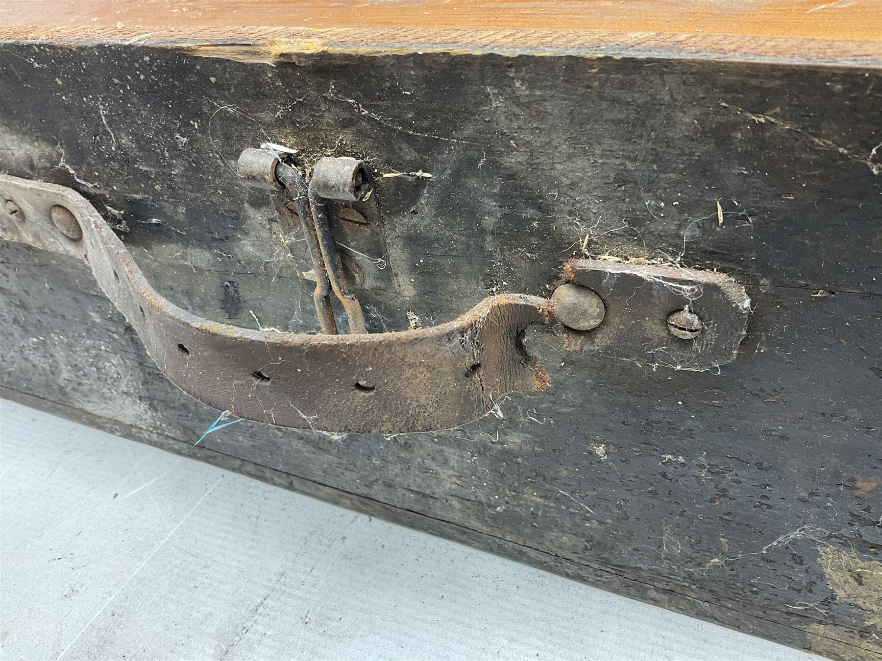 Large wooden tool box and carpenters tools, to include tenon and panel saws, box plane, mallet, chisels etc