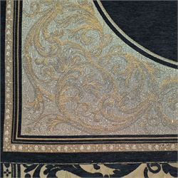 Large heraldic wall hanging, decorated with gilt threads, the central coat of arms over Latin motto 'Mea Gloria Fides' or 'Faith is my Glory',  174cm x 255cm