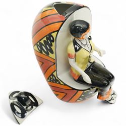 Lorna Bailey limited edition Deco lady figure, modelled as seated on covered pot, with geometric painted striped and spotted decoration, signed and numbered 12/50 to base, H25cm 