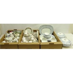  Minton 'Grey Mist' dinner service for six, lacking one soup bowl, Royal Albert 'Country Lane' part tea and dinnerware, Queen Anne 'Romance' tea ware for six, Paragon, Colclough & other teaware in three boxes  