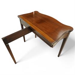 Georgian mahogany fold-over serpentine tea table, shaped rectangular top with drop leaves, fitted single drawer with brass handle, on squared tapering supports

Extended depth 90cm