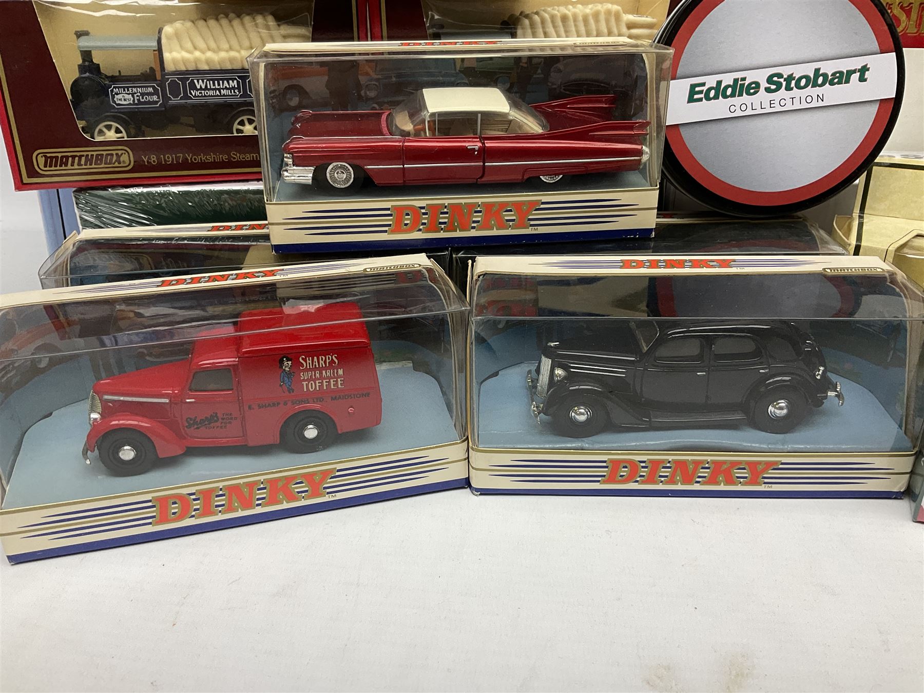 Matchbox - 1929 Scammell 100 ton truck with GER 2-4-0 locomotive; 1936 Leyland Cub Fire-Engine; five Models of Yesteryear; six Dinky Collection vehicles; and Matchbox reference book; together with three Atlas Eddie Stobart vehicles; and three Lledo promotional models; all boxed 