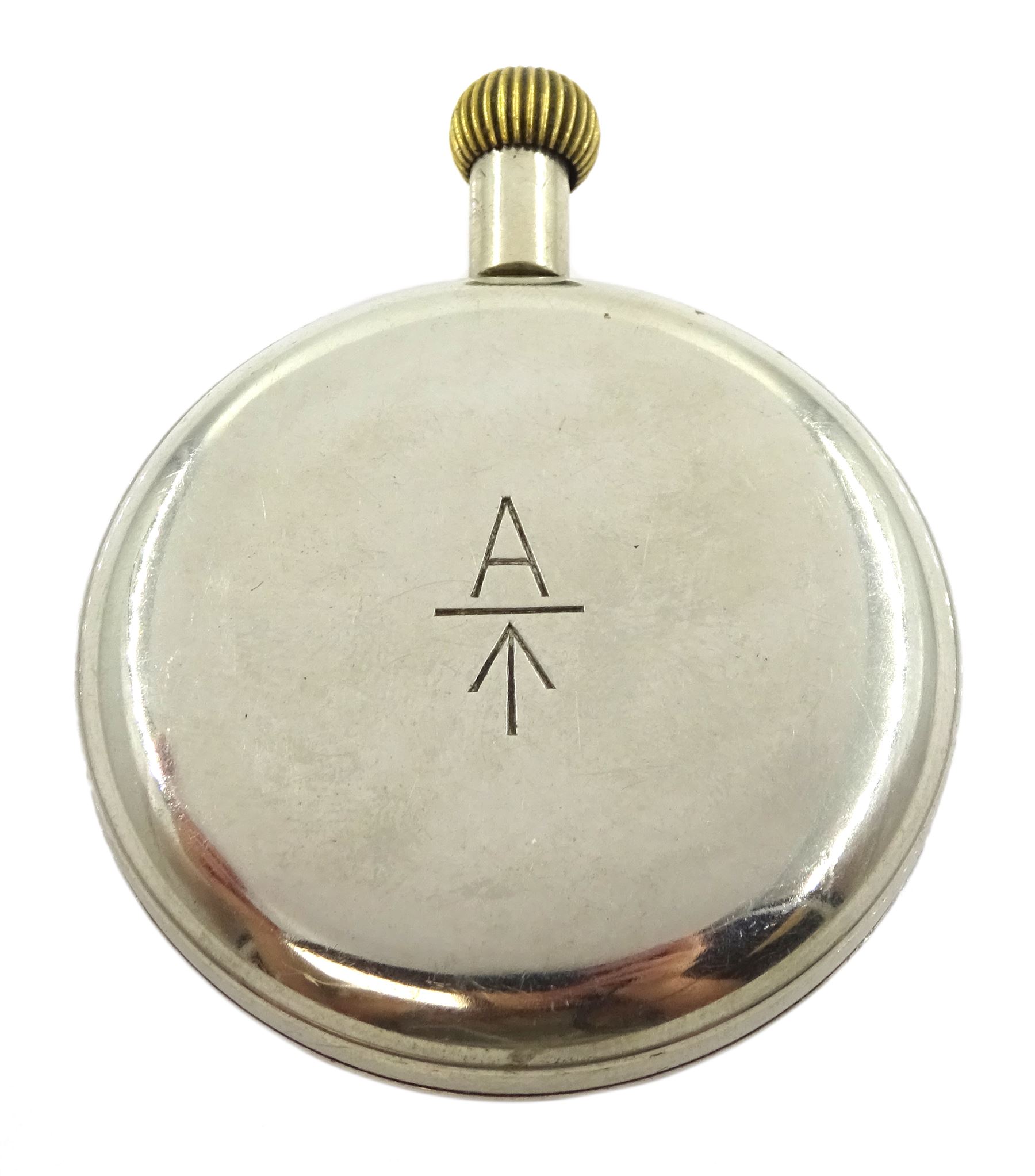 WWI Royal Flying Corps keyless lever pocket watch by Doxa, black enamel dial marked '30 Hour Luminous Mark V B E 4875', with subsidiary seconds dial, the back case engraved 'A' over broad arrow 