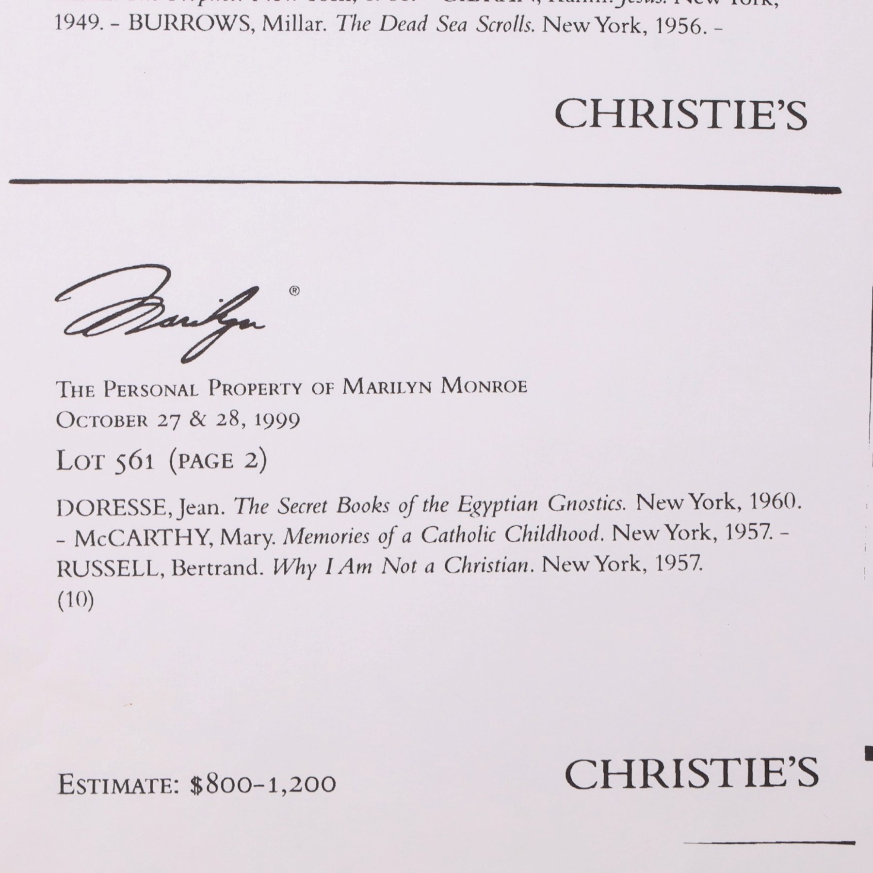 Marilyn Monroe - six religious books originally owned by Marilyn Monroe, purchased as part of lot 561 from 'The Personal Property of Marilyn Monroe' auction held at Christies, New York, October 1999, to include Kazantzakis, Nikos: The Saviors of God Spiritual Exercises, Doresse, Jean: The Secret Books of the Egyptian Gnostics, McCarthy, Mary: Memories of a Catholic Girlhood, Buber, Martin: The Tales of Rabbi Nachman, etc