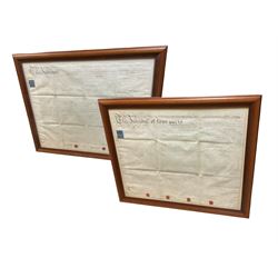 Two 19th century framed indentures, H74cm, W87cm 