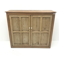 Late 19th century pitch pine double cupboard, two door with fielded panels enclosing three shelves, W144cm, H124cm, D44cm
