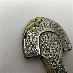 Moroccan jambiya dagger with 24.5cm plain curved blade stamped LONDON to the ricasso area, the hilt and scabbard overlaid with plain sheet brass to the back and ornate silver coloured metal to the front; waisted grip and arched pommel; two pyramid mounts to the scabbard L41cm overall; large billhook with curving blade and stacked leather washer grip; and a reproduction halberd blade (3)