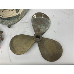Ship's three-fin propeller No.56194 D40cm; ship's copper hanging electric lamp fitting D33cm; and another ship's electric lamp with grilled hinged cover D22cm (3)