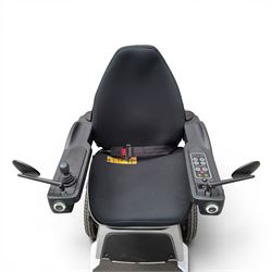 TGA Scoozy - mobility scooter, four wheel model with joystick controls, front storage bag, lights and grey and black bodywork.
