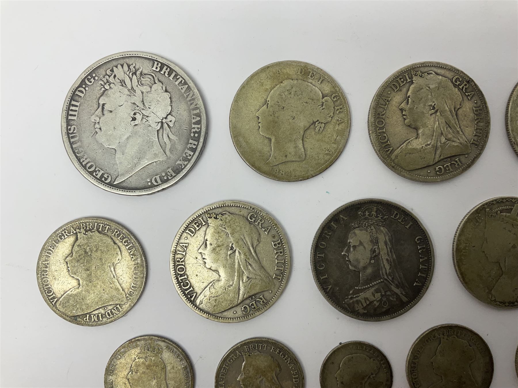 Approximately 210 grams of Great British pre 1920 silver coins, including George IIII 1822 crown, Queen Victoria 1884, 1888, 1894, 1897 and two 1902 halfcrowns etc