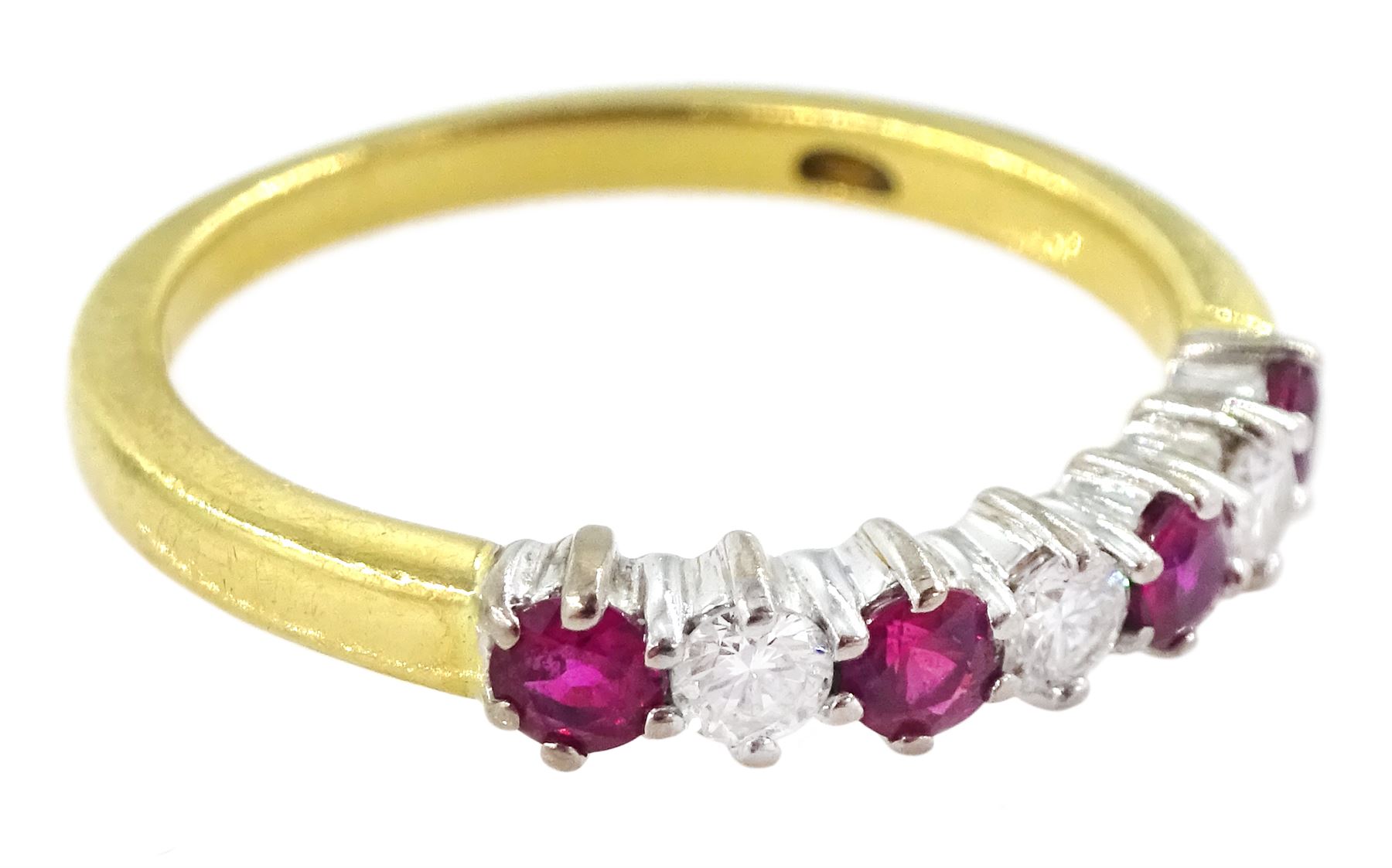 18ct gold seven stone ruby and round brilliant cut diamond half eternity ring, London 2006