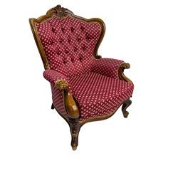 Pair of French design beech framed armchairs, moulded frame carved with foliate cartouche, scrolled arms carved with foliage terminating to cabriole feet, upholstered in buttoned red patterned fabric
