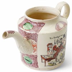 Late 18th century creamware teapot by William Greatbatch, decorated with scenes from 'The Prodigal Son' series including 'The Prodigal Son in Excess' and 'The Prodigal Son in Misery', lacking cover, H10cm